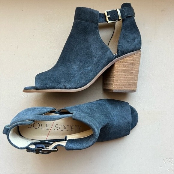 Sole Society Blue Suede So-Ferris Open Toe Bootie Sandals Block Heel Size 7.5 - Picture 12 of 16